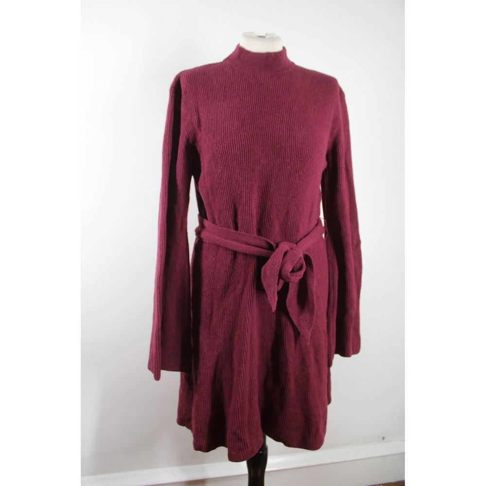 Nanushka Size S Maroon Red Rib Knit Mock Neck Belted Bell Sleeve Sweater Dress